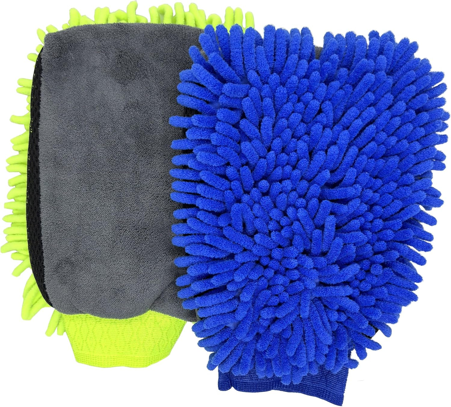 Car Wash Mitt Microfiber 2-PK, Scratch-Free & Lint-Free, Premium Chenille & Coral Fleece Double Sided, Waterproof Interior, Perfect for Car Washing & Detailing, 10.25" x 7.5", Green & Blue