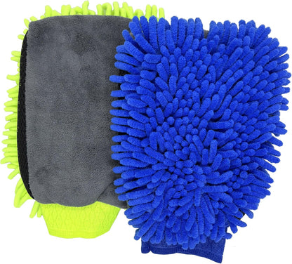 Car Wash Mitt Microfiber 2-PK, Scratch-Free & Lint-Free, Premium Chenille & Coral Fleece Double Sided, Waterproof Interior, Perfect for Car Washing & Detailing, 10.25" x 7.5", Green & Blue