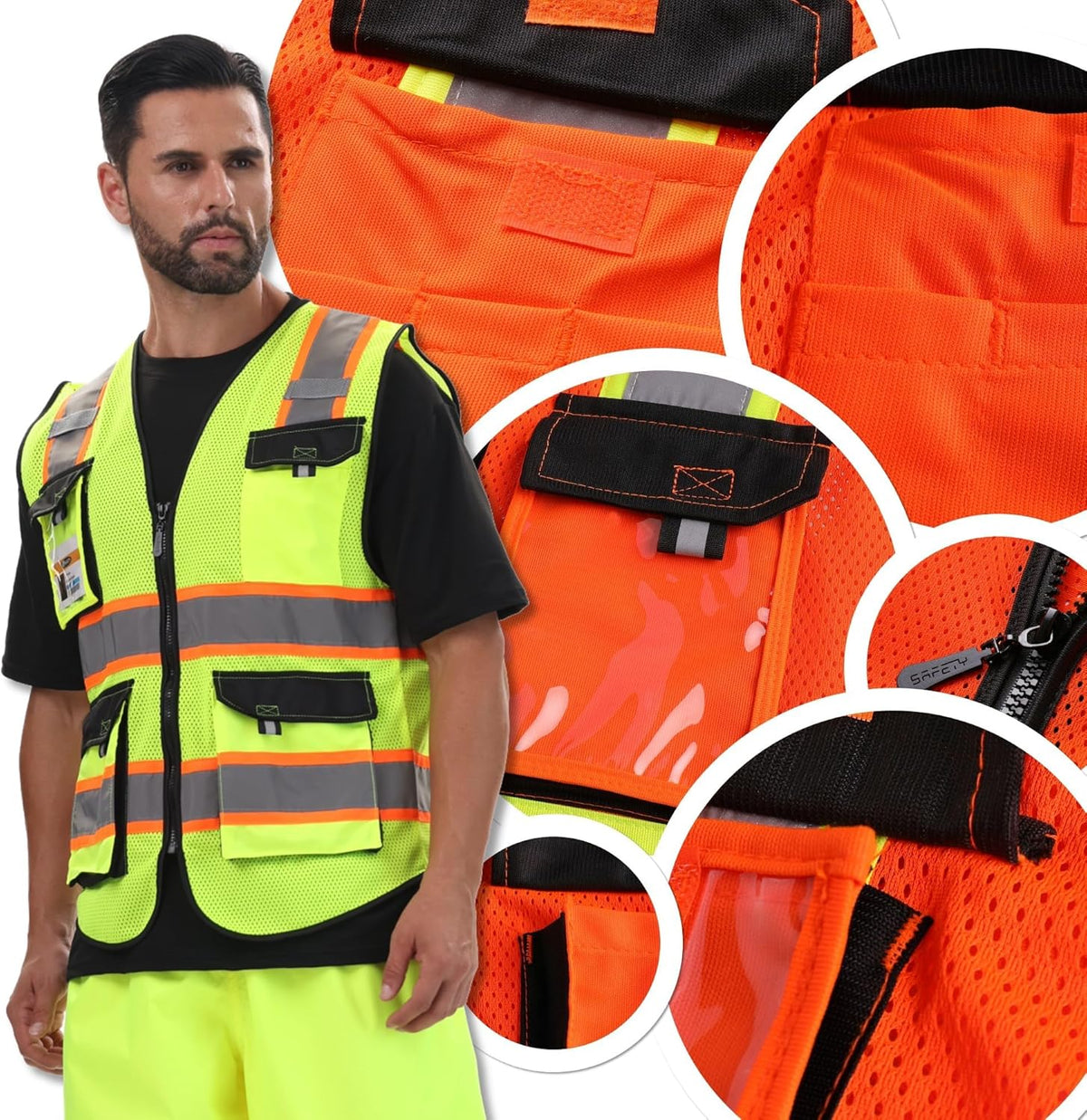 JKSafety Hi Vis Reflective Safety Vests for Men Women High Visibility Vest with Pockets Mesh Fabric Construction Safety Apparel Neon Vest for Work (220-Black L)