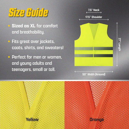 PeerBasics Safety Vests 10 Pack - Yellow Reflective High Visibility, Hi Vis Silver Strip, Men Women, Work, Cycling, Runner, Surveyor, Volunteer, Crossing Guard, Road, Construction, Neon (Mesh, 10)