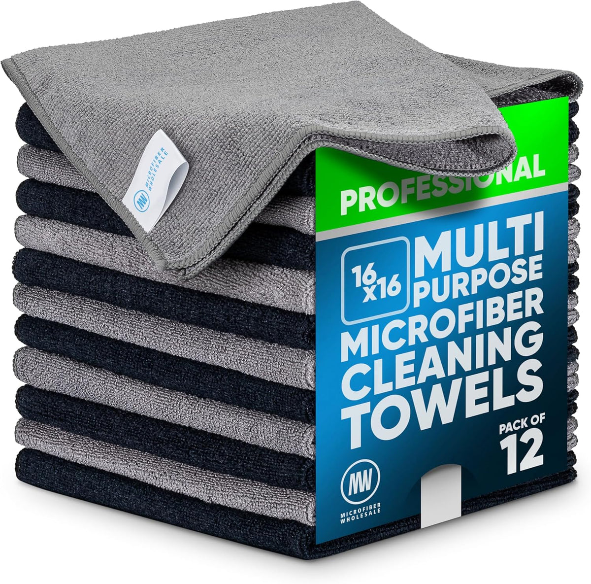 Microfiber Wholesale MW Pro 16x16 Auto Detailing Towels - Plush Car Drying Cloths for Wax Removal, Interiors & Body Shops - Scratch Free (Black, 12-Pack)