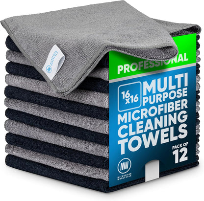 Microfiber Wholesale MW Pro 16x16 Auto Detailing Towels - Plush Car Drying Cloths for Wax Removal, Interiors & Body Shops - Scratch Free (Black, 12-Pack)