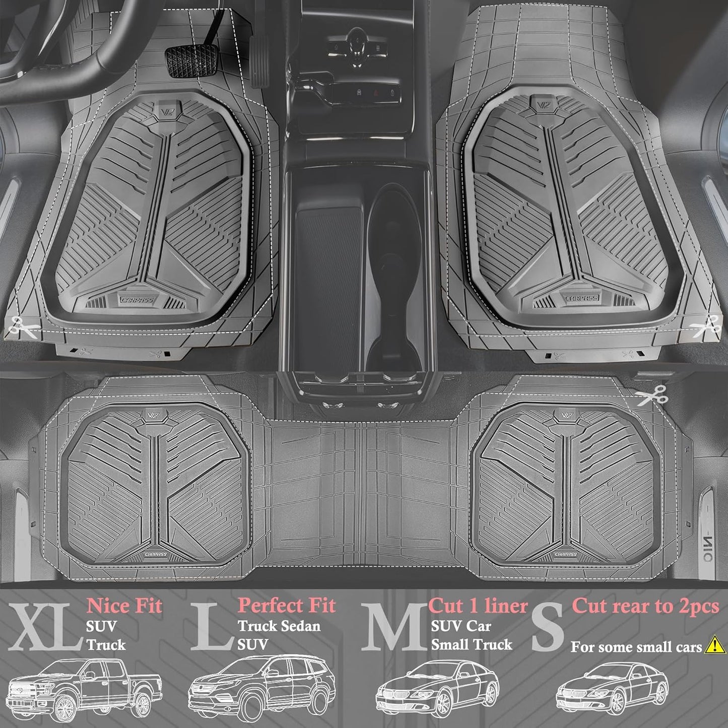 CAR PASS Heavy Duty Rubber Car Mats with Cargo Liner, Deep-Dish Car Floor Mats and Trunk Mat All Weather, Universal Trim-to-Fit for SUVs Trucks Sedans, Waterproof Anti-Slip, Trimmable V12 Black