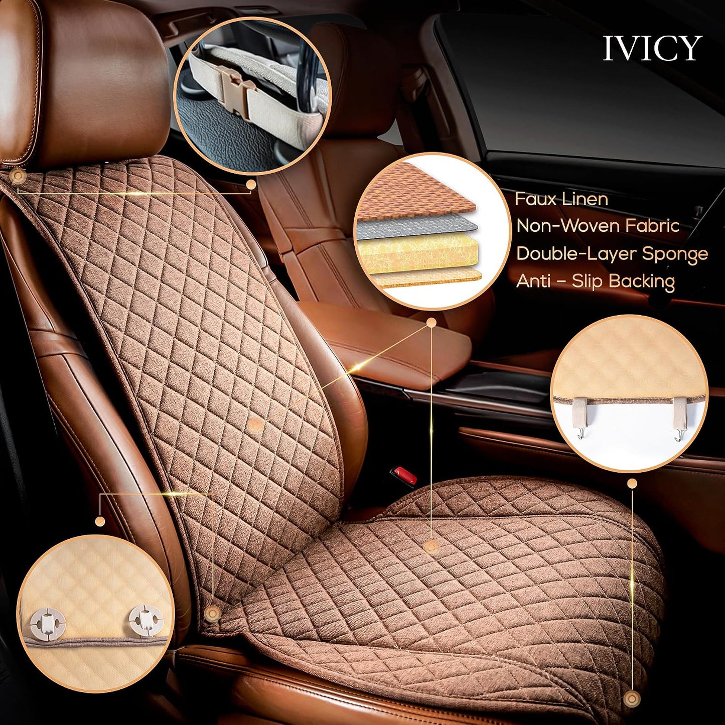 IVICY Faux Linen Front Car Seat Cover – Non-Slip Bucket Seat Protector for Most Cars, SUVs, Vans & Trucks – 1 Seat Cover, Machine Washable, Side-Airbag Friendly, Light Beige