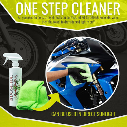 BugSlide 16 Oz Shop Kit Cleaner and Polisher with Microfiber Towel, Spray and Wipe Car Cleaner, Waterless Detailer for Removing Bugs Without Scratching, Shining and Degreasing All Surfaces