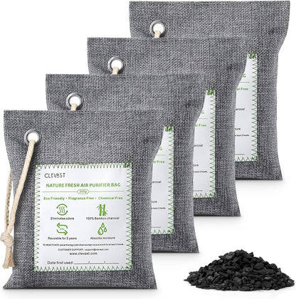 CLEVAST Bamboo Charcoal Air Purifying Bags - (Large, 4×200g), Removes Odors and Moisture, Nature Fresh Air Purifier Bags, Odor Eliminator for Home, Car, Pets, Bathroom, Basement