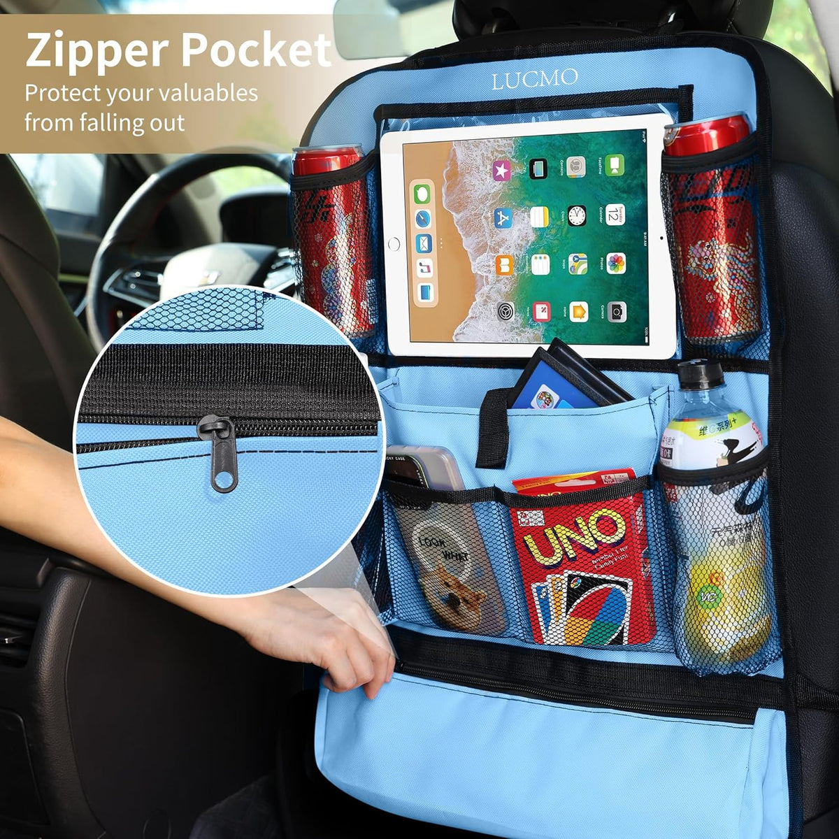 LUCMO Car Backseat Organizer with Tablet Holder,6 Storage Pockets Car Storage Organizer with Foldable Food Tray,Protectors Kick Mats Travel Accessories-Black