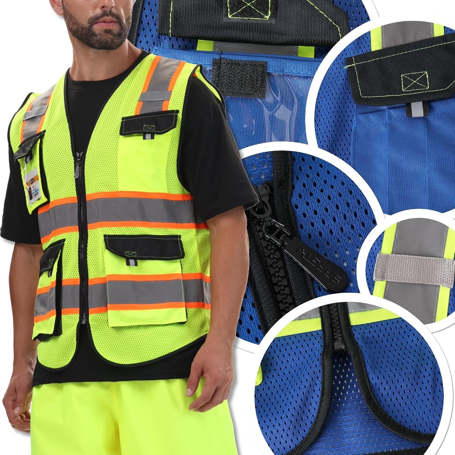 JKSafety Hi Vis Reflective Safety Vests for Men Women High Visibility Vest with Pockets Mesh Fabric Construction Safety Apparel Neon Vest for Work (220-Black L)