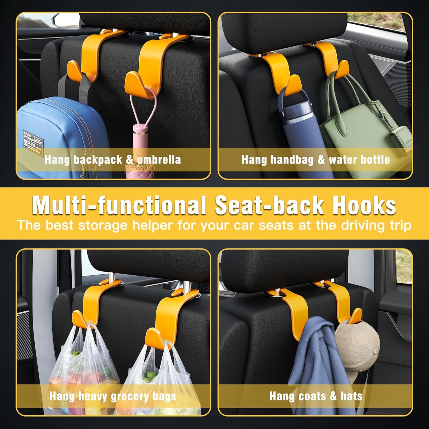 Amooca 4-Pack Car Headrest Hooks Vehicle Storage Organizer for Purses Handbags Groceries Backpack Coats –Holds 55lbs 360° Rotating Black