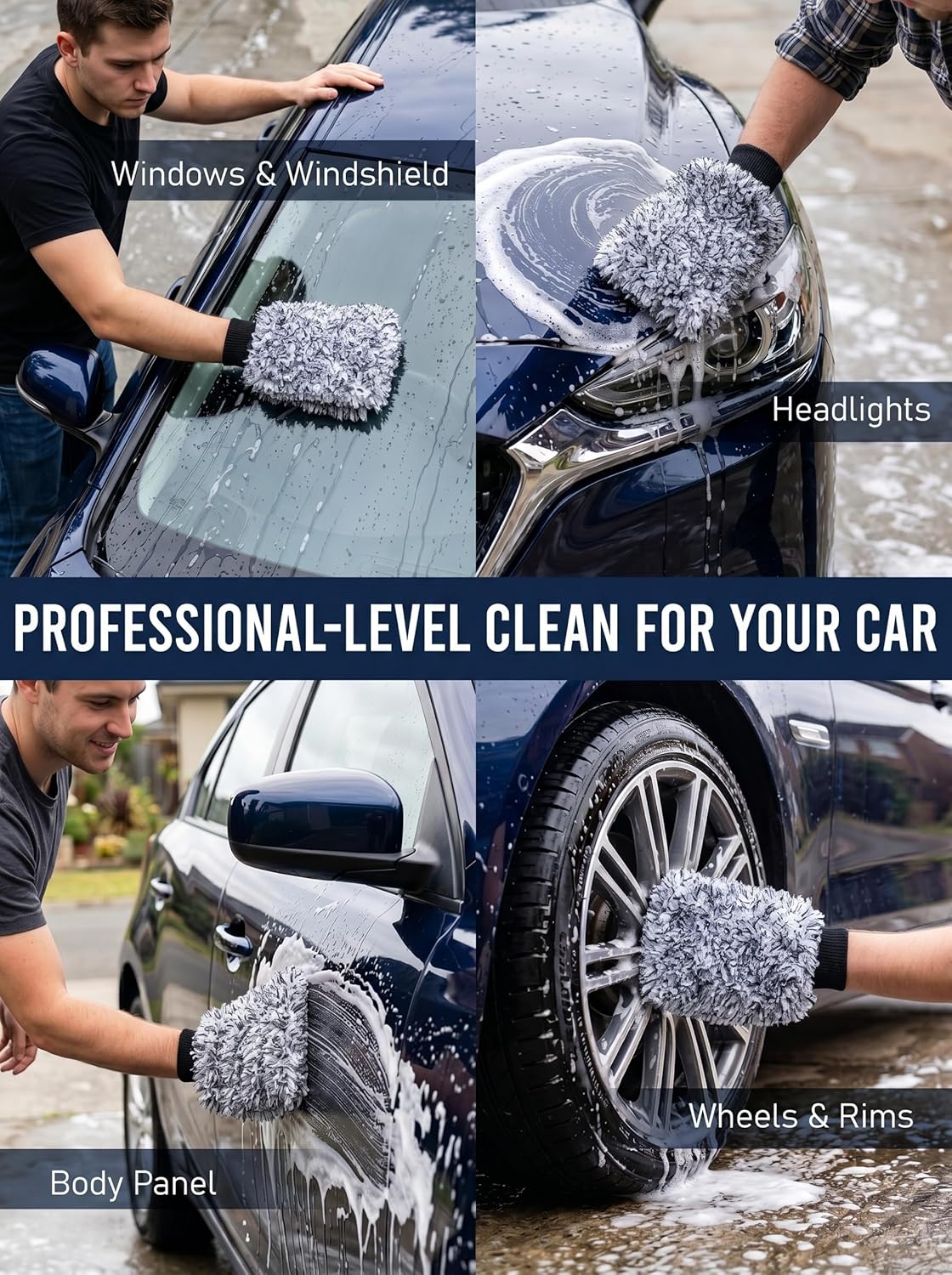TAKAVU Car Wash Mitt Scratch Free, 2 Pack Microfiber Wash Mitts for Auto Detailing, Soft Lint Free Cleaning Gloves, Holds Sudsy Water, Machine Washable (Blue)