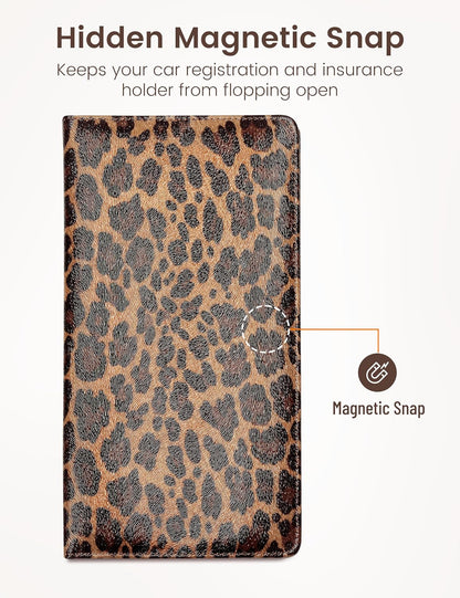 Yarnic Leopard Car Registration and Insurance Holder, Car Document Holder with Magnetic Closure, Car Organizer Vehicle Glove Box Compartment Organizer, Car wallet Case for Teens Men Women