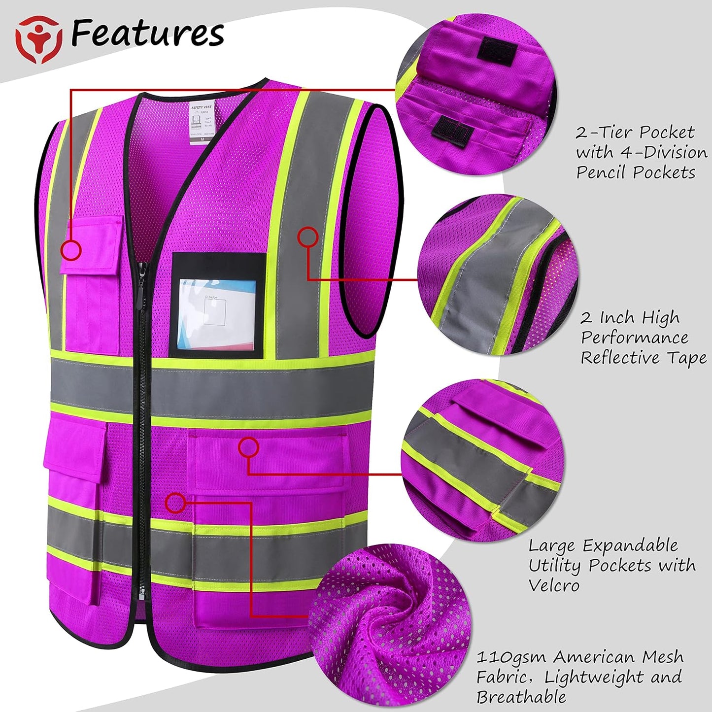 Reflective High Visibility Safety Vest for Men Women with Pockets Zipper Front Meets ANSI/ISEA Standards