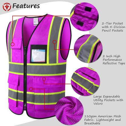 Reflective High Visibility Safety Vest for Men Women with Pockets Zipper Front Meets ANSI/ISEA Standards
