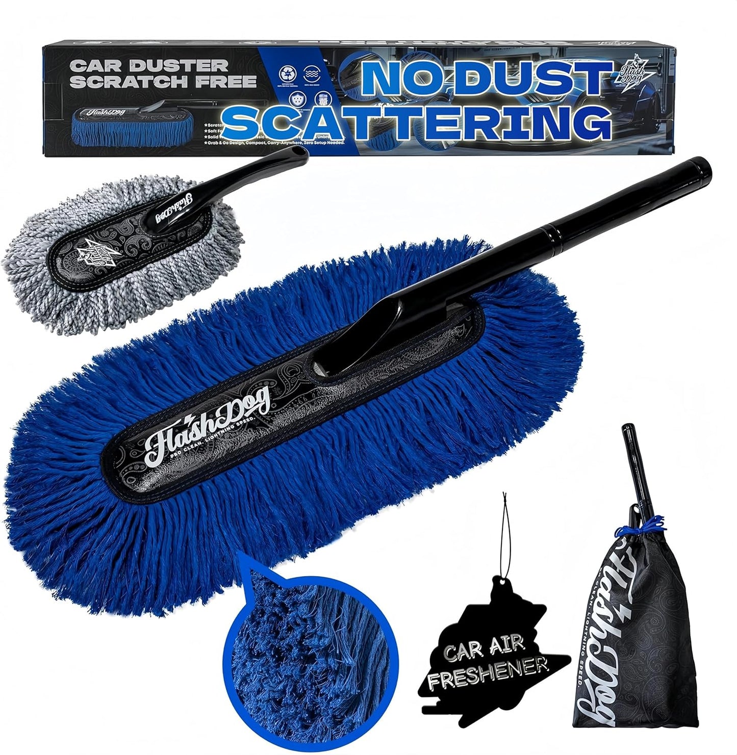 Flash Dog Car Duster Exterior & Interior Duster Aluminum Alloy Extendable Handle and Wax Cotton Strands Scratch-Free Cleaning for Cars, SUVs, RVs | Waterless Dust & Pollen Remover