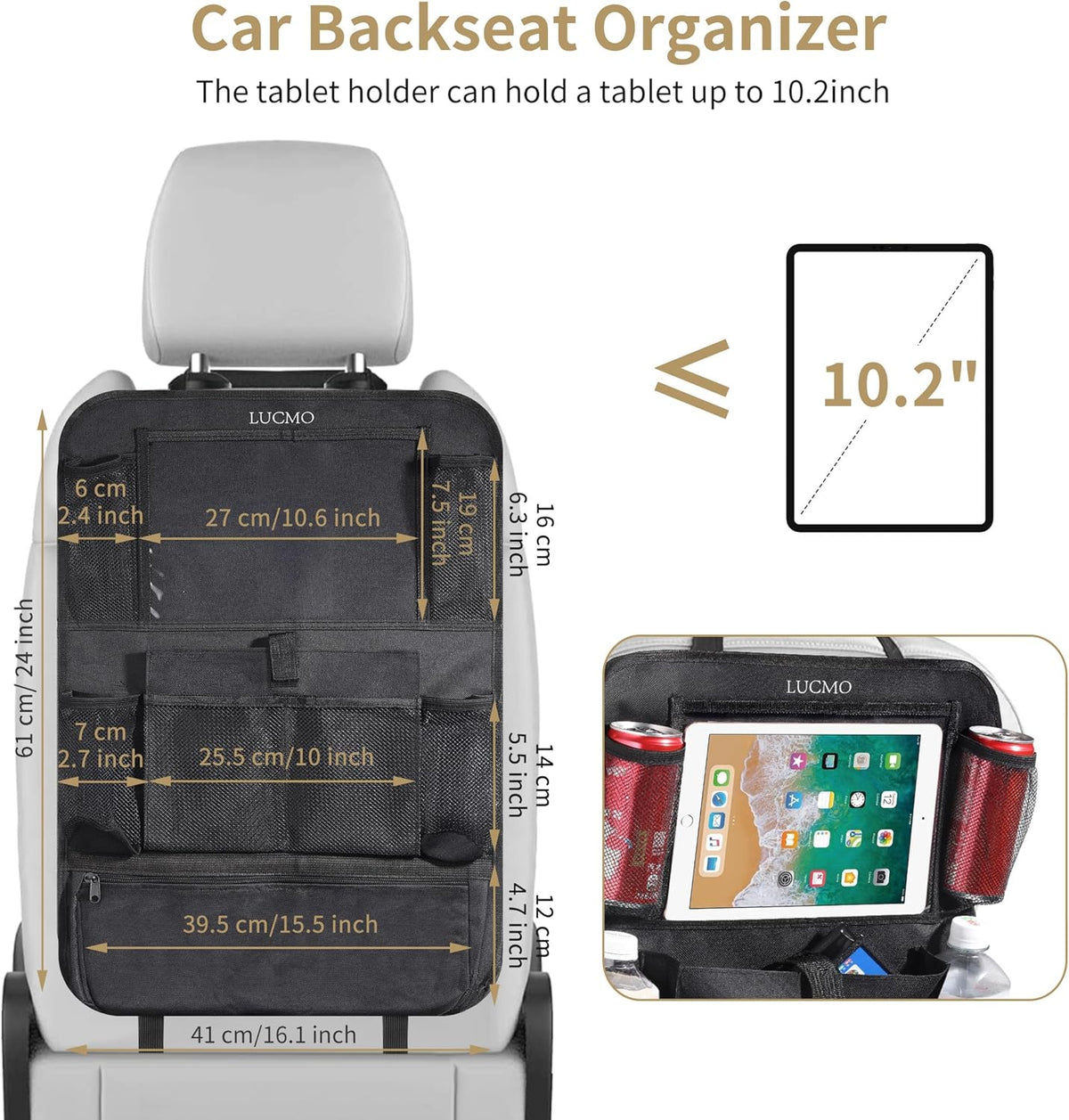 LUCMO Car Backseat Organizer with Tablet Holder,6 Storage Pockets Car Storage Organizer with Foldable Food Tray,Protectors Kick Mats Travel Accessories-Black