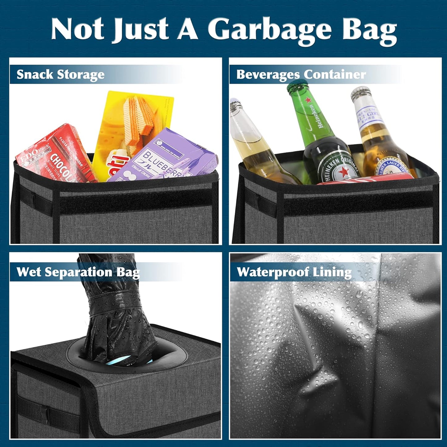 Femuar Leak Proof Car Trash Can with Lid - Waterproof Automotive Garbage Bin for SUVs, Collapsible and Portable Car Trash Bag, Black