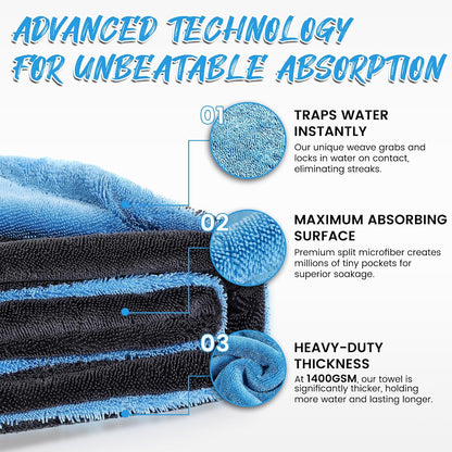 PUGPIU Microfiber Car Drying Towel Extra Large Super Absorbent 48"X24", 1400 GSM Flash Detail Car Wash Drying Towel Edgeless with Two Sided Soft Twisted-Loop, No Water Spots Streaks for Cars (Green)