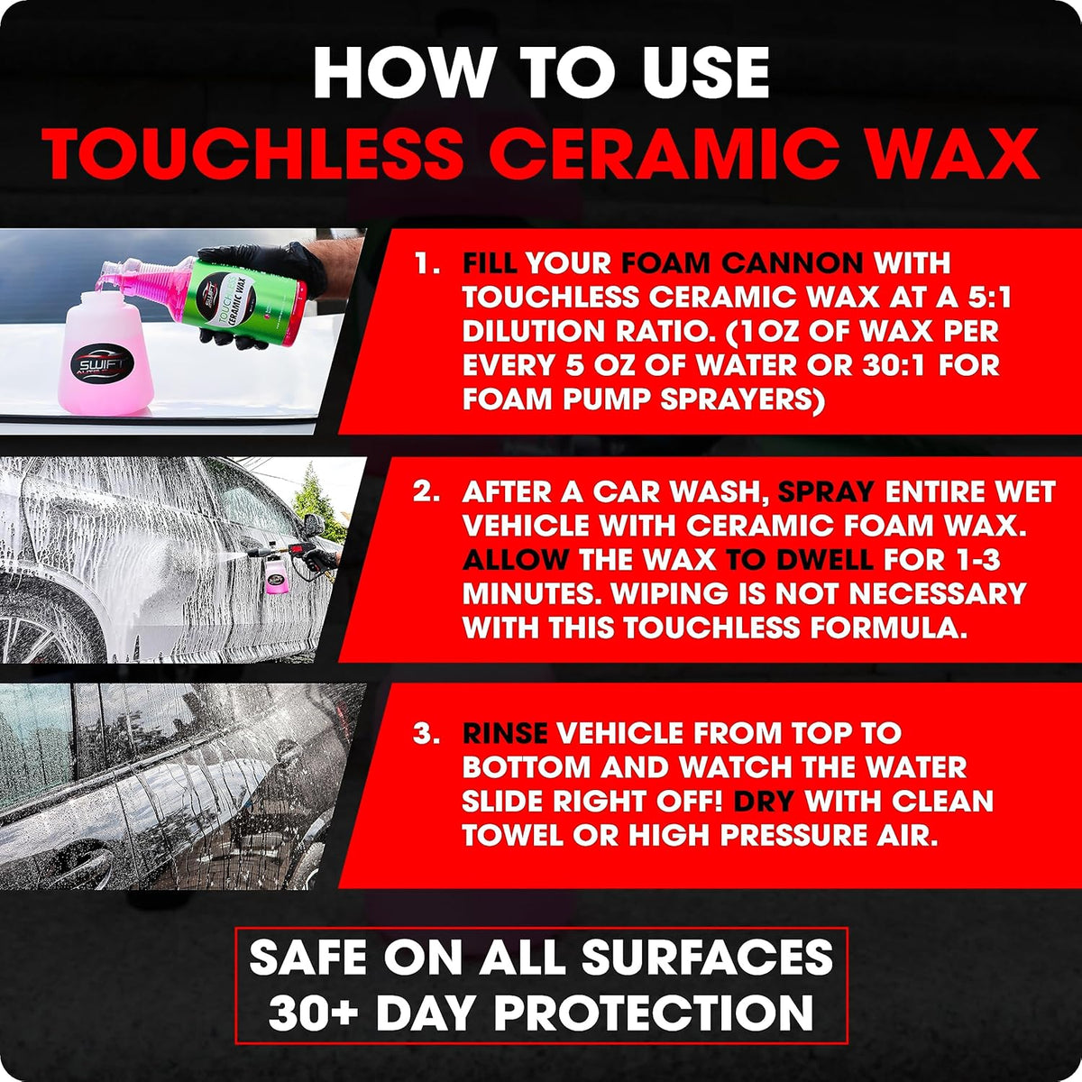 Swift Touchless Ceramic Foamable Wax (1 Gallon) – Spray On/Rinse Off For High-Gloss, Hydrophobic Protective Layer | For Foam Cannon & Foam Pump Sprayer After Car Wash | Wax Cars, Trucks, RV’s & More!
