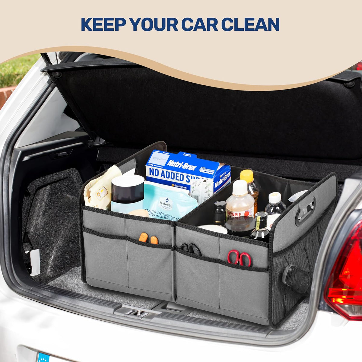 YSSOA Car Trunk Organizer, 2 Compartments Anti-slip 14" D x 22" W x 12" H Collapsible Trunk Storage, 600D Oxford Polyester Car Storage, Suitable for SUV, Minivan, Truck, Black
