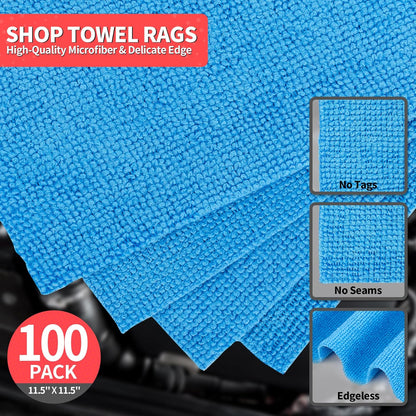 Microfiber Cleaning Cloth, 100 Pack Cleaning Rags Microfiber Towel Bulk Absorbent Lint-Free Wash Cloths, All-Purpose Shop Towels for Cars, Automotive, Garage, Home & Kitchen 11.5"*11.5"