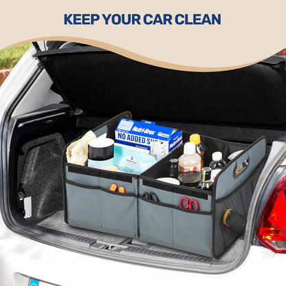 YSSOA Car Trunk Organizer, 2 Compartments Anti-slip 14" D x 22" W x 12" H Collapsible Trunk Storage, 600D Oxford Polyester Car Storage, Suitable for SUV, Minivan, Truck, Black