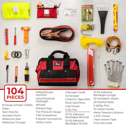 Thrive Emergency Car Kits for Vehicles - Roadside Emergency Car Kit (104 Pieces) - Car Kits for Emergency - Roadside Car Kit with Jumper Cables and Mini First Aid Kit - Gray Bag