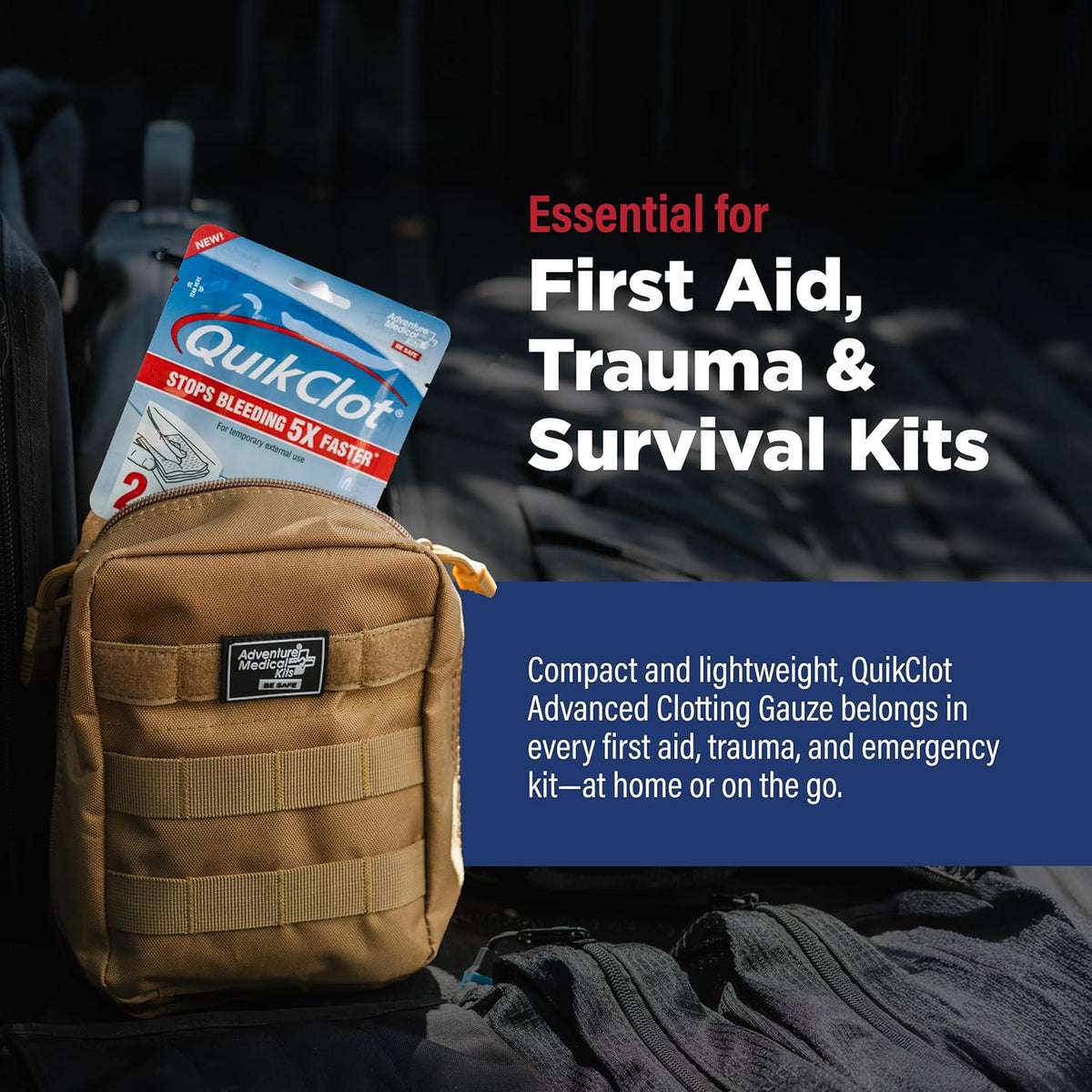 Adventure Medical Kits QuikClot Advanced Clotting Gauze - Stops Bleeding Up to 5X Faster Than Standard Gauze - Kaolin Hemostatic Dressing - for First Aid Kits & Survival Gear - 3 x 24