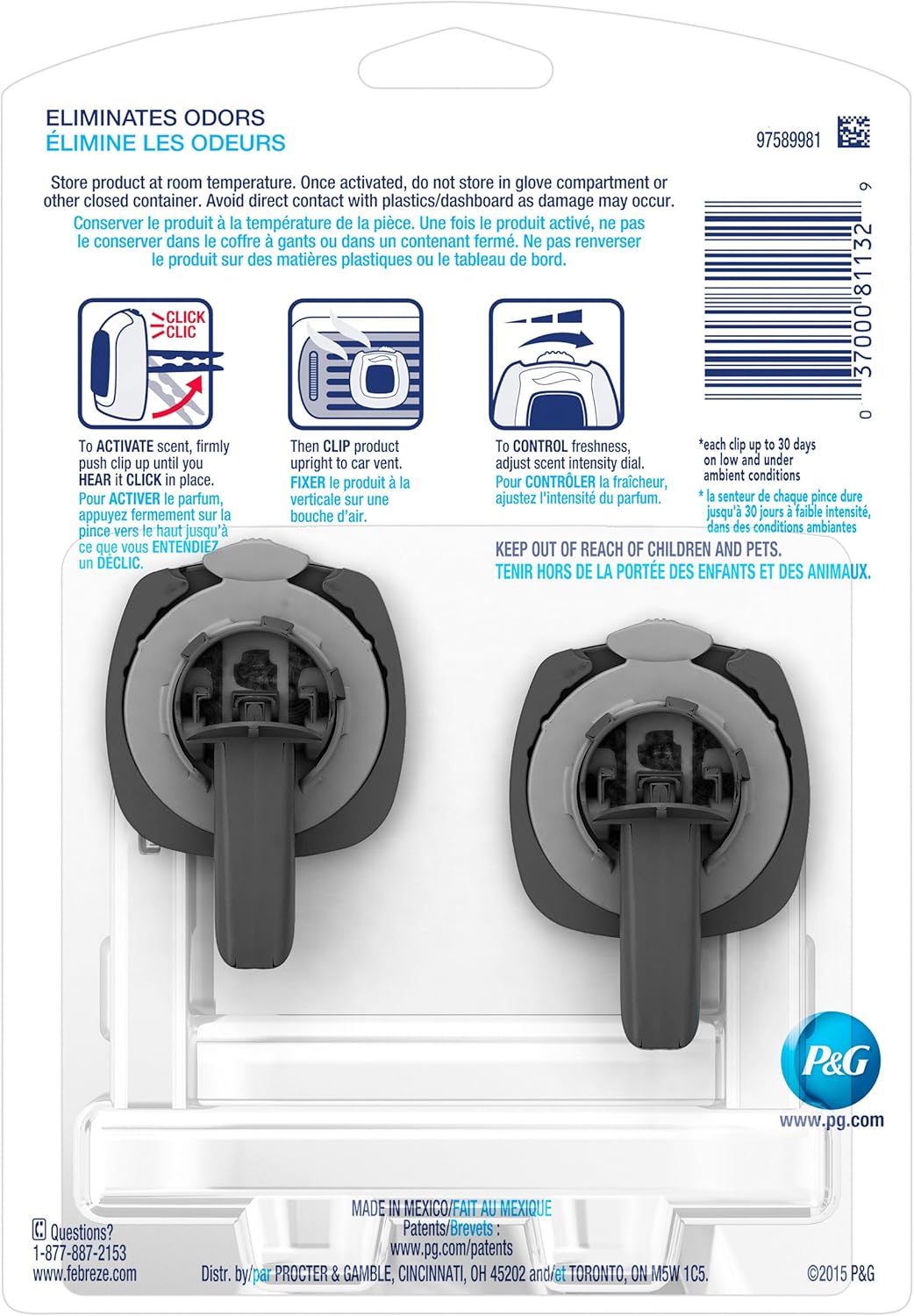 Febreze Car Air Freshener Vent Clip Platinum Ice Scent, .07 oz. Car Vent Clip, Pack of 4