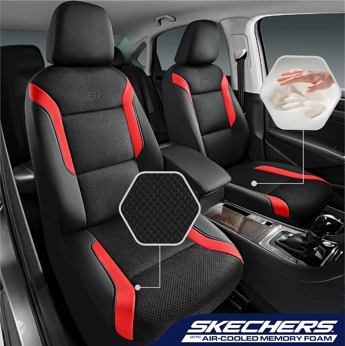 Skechers Memory Foam Seat Covers, Air Cool Mesh Thick Car Seat Covers, Car Seat Covers Front Seats Airbag Compatible, Universal Automotive Comfort for Most Cars, Vans, Trucks, SUV,Black