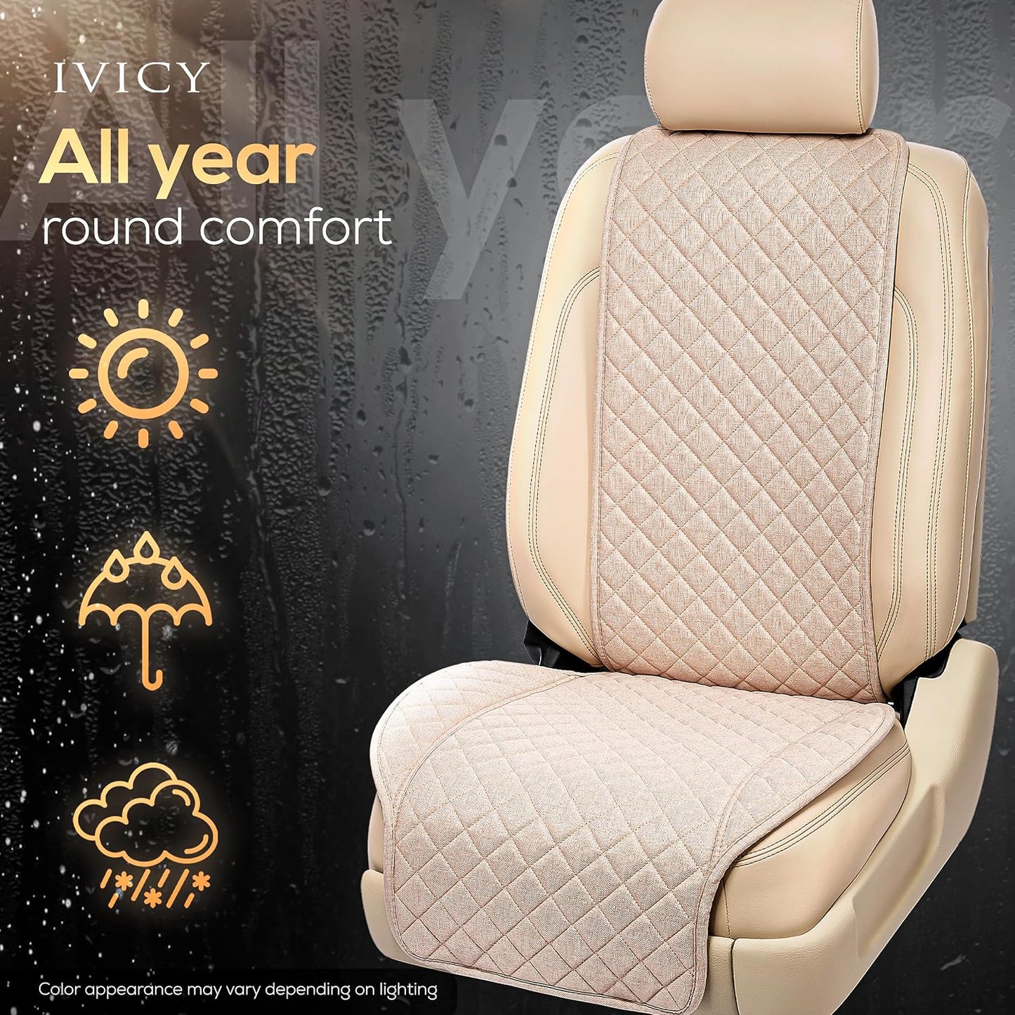 IVICY Faux Linen Front Car Seat Cover – Non-Slip Bucket Seat Protector for Most Cars, SUVs, Vans & Trucks – 1 Seat Cover, Machine Washable, Side-Airbag Friendly, Light Beige