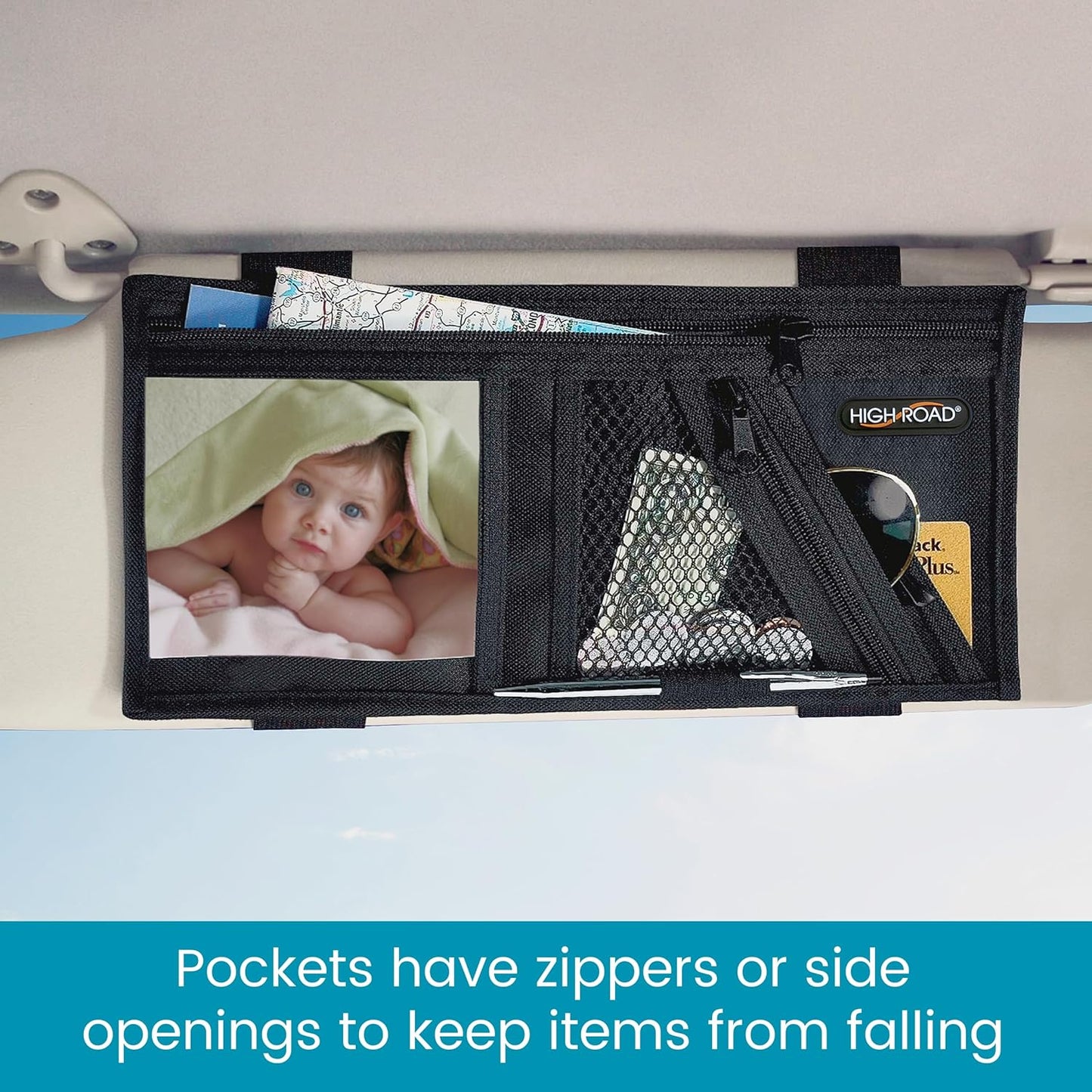 High Road Car Visor Organizer with Secure Zip Pockets, Sunglasses Holder and Clear Registration and Insurance Pocket - Heavy Duty Straps Fit Most Car, SUV and Truck Visors