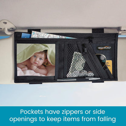 High Road Car Visor Organizer with Secure Zip Pockets, Sunglasses Holder and Clear Registration and Insurance Pocket - Heavy Duty Straps Fit Most Car, SUV and Truck Visors
