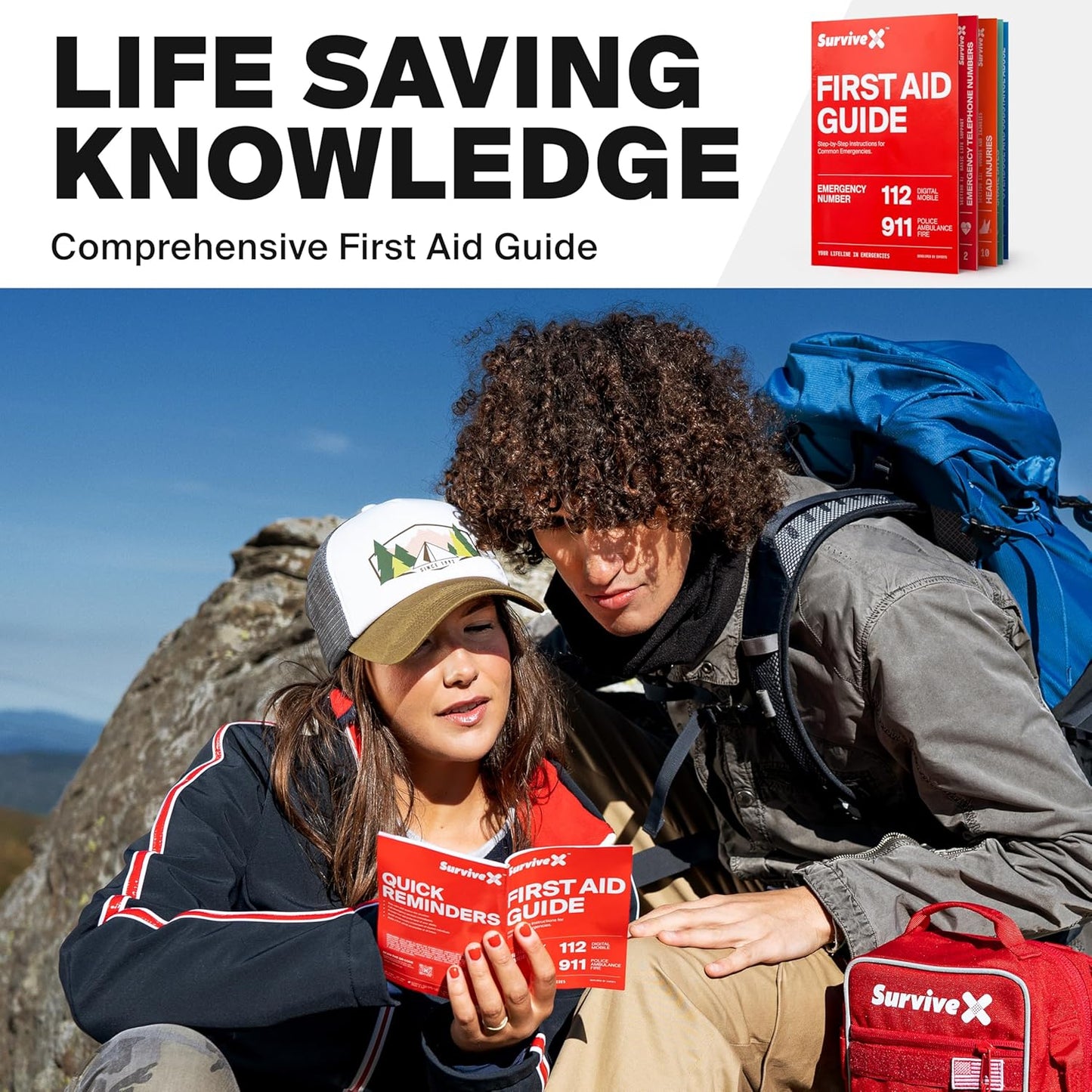 SurviveX Small First Aid Kit for Car, Travel & Home - Emergency Kit for Hiking, Camping, Backpacking and Outdoors - Includes Zip Stitch Wound Closure Strips