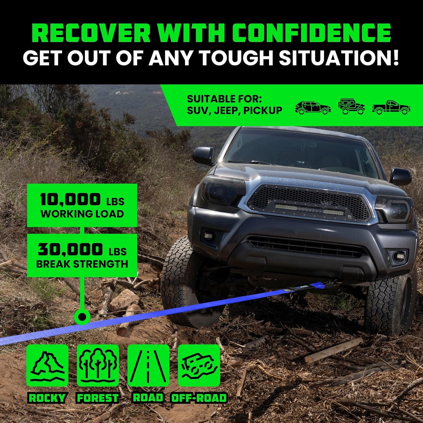 Rhino USA Recovery Tow Strap (3" x 20') - 31,518lb Break Strength - Emergency Recovery Strap Tow Rope for Truck, UTV, ATV & More - Heavy Duty Towing Strap for Offroad 4x4 Use - Compatible with Jeep