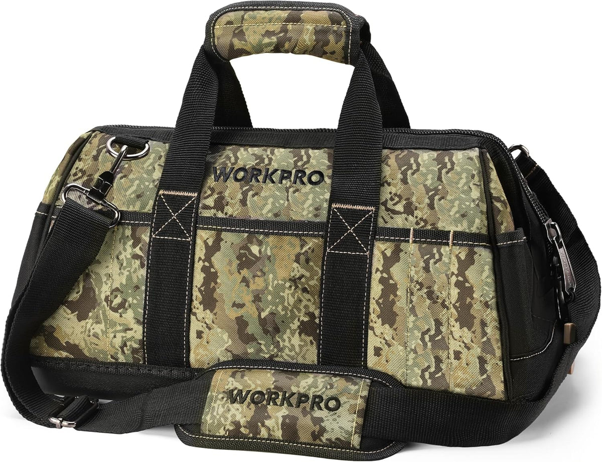 WORKPRO 16-inch Wide Mouth Tool Bag with Water Proof Molded Base | Multi-Pocket, Heavy Duty Cloth, Adjustable Shoulder Strap, Double-pull Zipper, For Workshops, Outdoor Projects