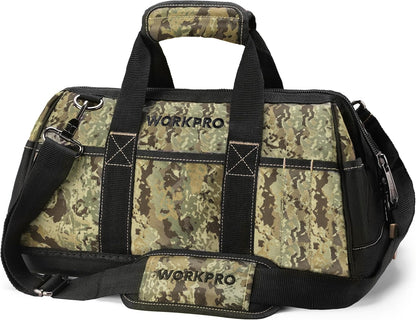 WORKPRO 16-inch Wide Mouth Tool Bag with Water Proof Molded Base | Multi-Pocket, Heavy Duty Cloth, Adjustable Shoulder Strap, Double-pull Zipper, For Workshops, Outdoor Projects