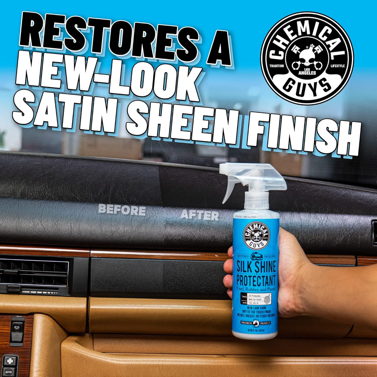 Chemical Guys Silk Shine Tire and Trim Dressing and Protectant – Non-Greasy Vinyl, Plastic & Rubber Spray, Plastic Restorer for Cars – Restores Shine for Cars, Trucks, Motorcycles, RVs, 16 fl oz