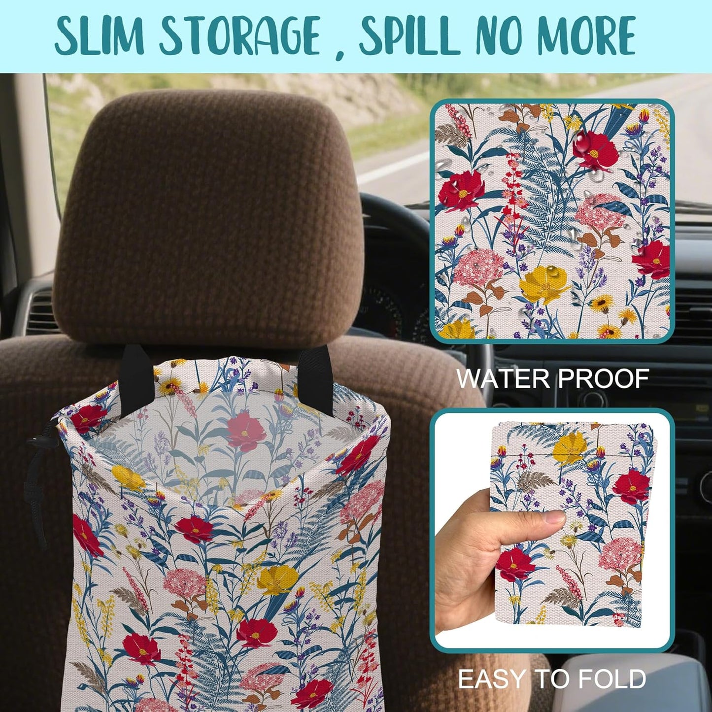 Car Garbage Bag Colorful Floral Spring Daisy Drawstring Car Trash Bag Hanging for Back Seat with Adjustable Buckle Canvas Vehicle Trash Can Easy-to-Install