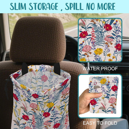 Car Garbage Bag Colorful Floral Spring Daisy Drawstring Car Trash Bag Hanging for Back Seat with Adjustable Buckle Canvas Vehicle Trash Can Easy-to-Install