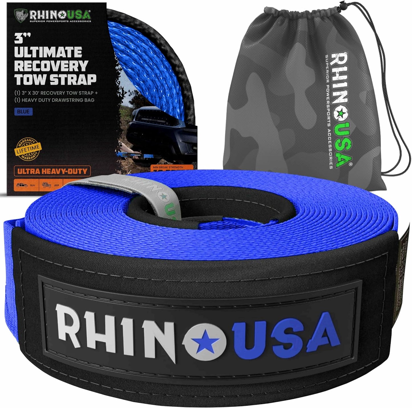Rhino USA Recovery Tow Strap (3" x 20') - 31,518lb Break Strength - Emergency Recovery Strap Tow Rope for Truck, UTV, ATV & More - Heavy Duty Towing Strap for Offroad 4x4 Use - Compatible with Jeep
