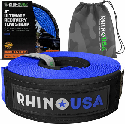 Rhino USA Recovery Tow Strap (3" x 20') - 31,518lb Break Strength - Emergency Recovery Strap Tow Rope for Truck, UTV, ATV & More - Heavy Duty Towing Strap for Offroad 4x4 Use - Compatible with Jeep