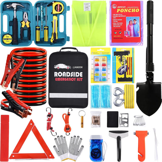 142 PCS Emergency Roadside Kit for Car ,Safety Car Kit with Jumper Cables | Roadside Assistance Emergency Kit Warning Triangle, Safety Hammer, Tow Rope, Car Emergency Kit Gifts for New Drivers