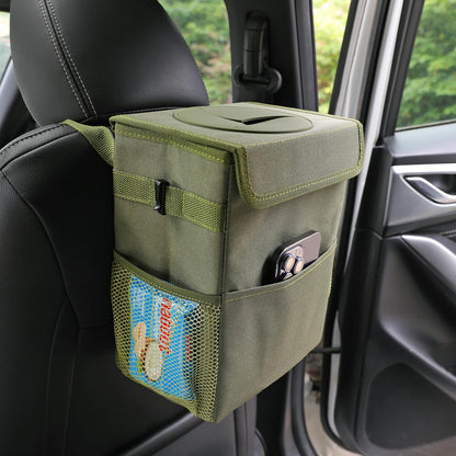 AOKJOY Car Garbage can with lid Leak Proof Vehicle Trash Can 3 Storage Pockets Hanging Waterproof car Trash Bag for SUV Beige