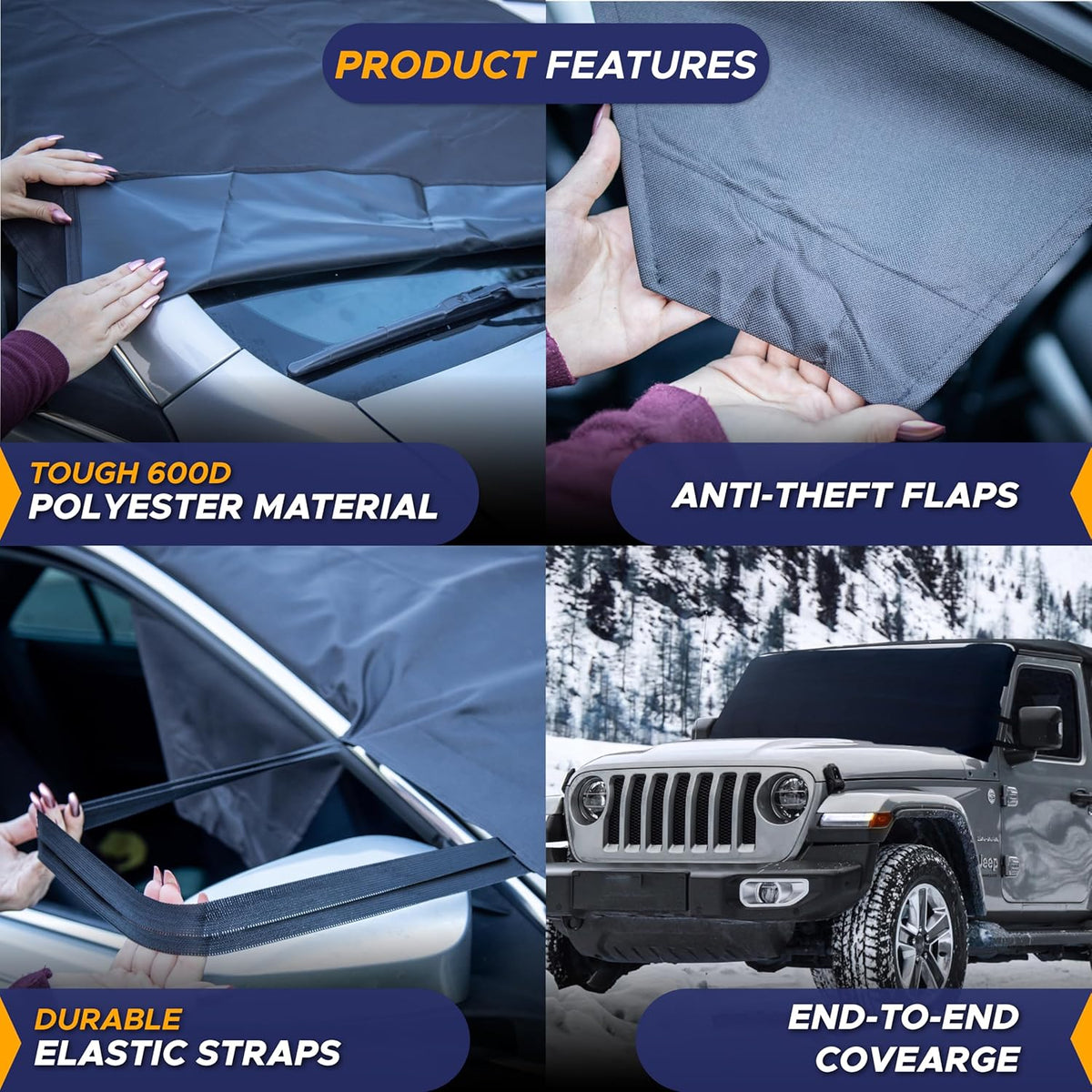 EcoNour Windshield Cover for Ice and Snow - Universal Fit for Car, SUV, Truck, Heavy Duty 600D Oxford Fabric Frost Protector for Ice & Sleet, Includes Anti-Theft Straps, Medium (69"x42")