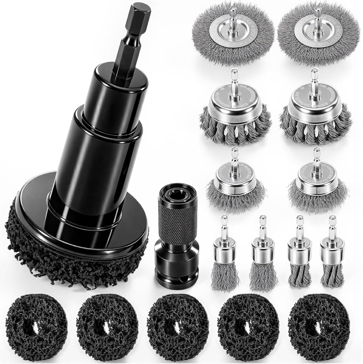 ACOCO Wheel Hub Cleaning Tool and Wire Brush Set, 1/4" Hex Shank Brake Rotor Resurfacing Kit with 10 Drill Brushes & 5 Polishing Pads for Lug Studs, Calipers and Automotive Rust Removal