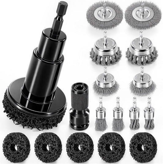 ACOCO Wheel Hub Cleaning Tool and Wire Brush Set, 1/4" Hex Shank Brake Rotor Resurfacing Kit with 10 Drill Brushes & 5 Polishing Pads for Lug Studs, Calipers and Automotive Rust Removal