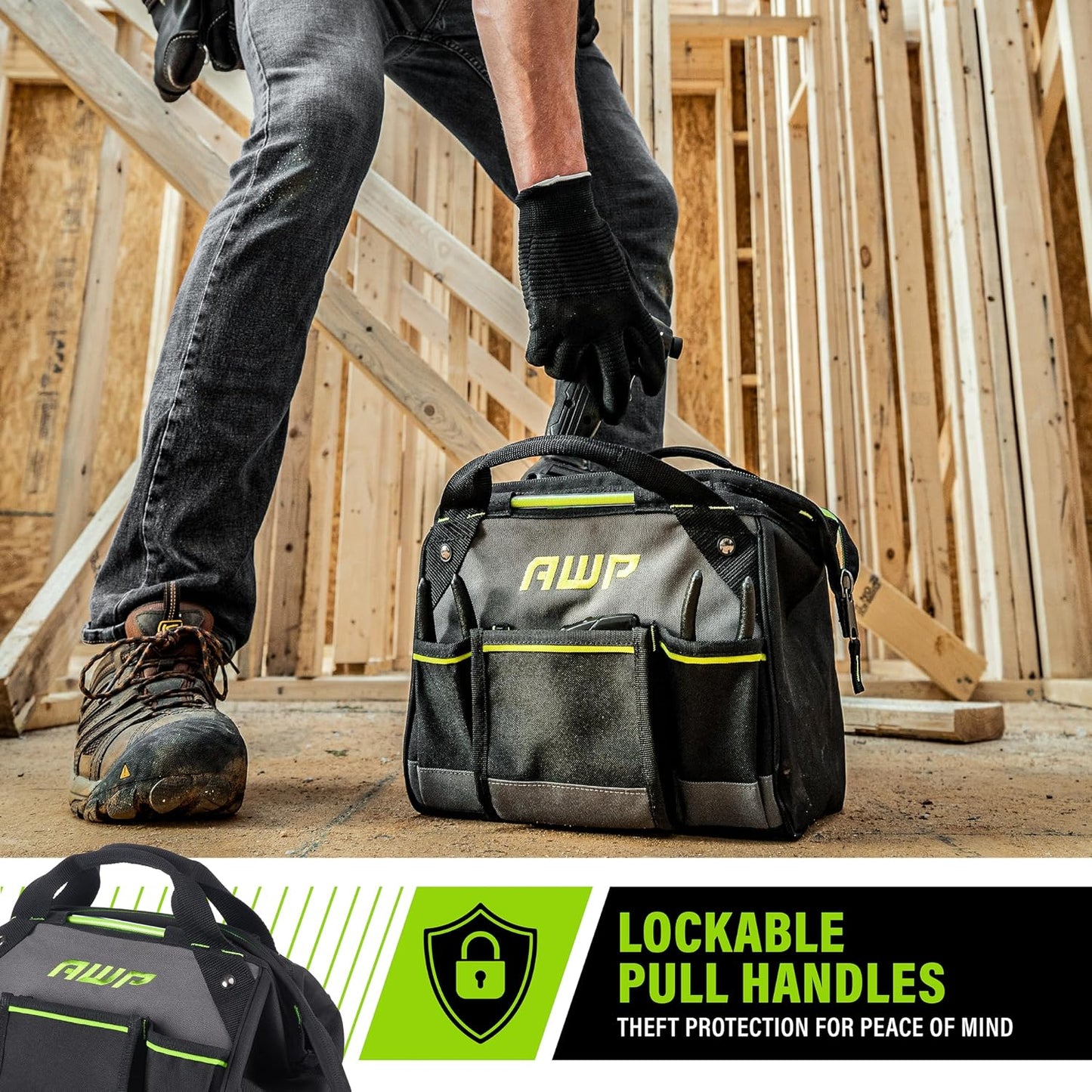 AWP Tool Bags, Premium Tool Bag, Black, Durable Tool Tote, for Professionals and Contractors
