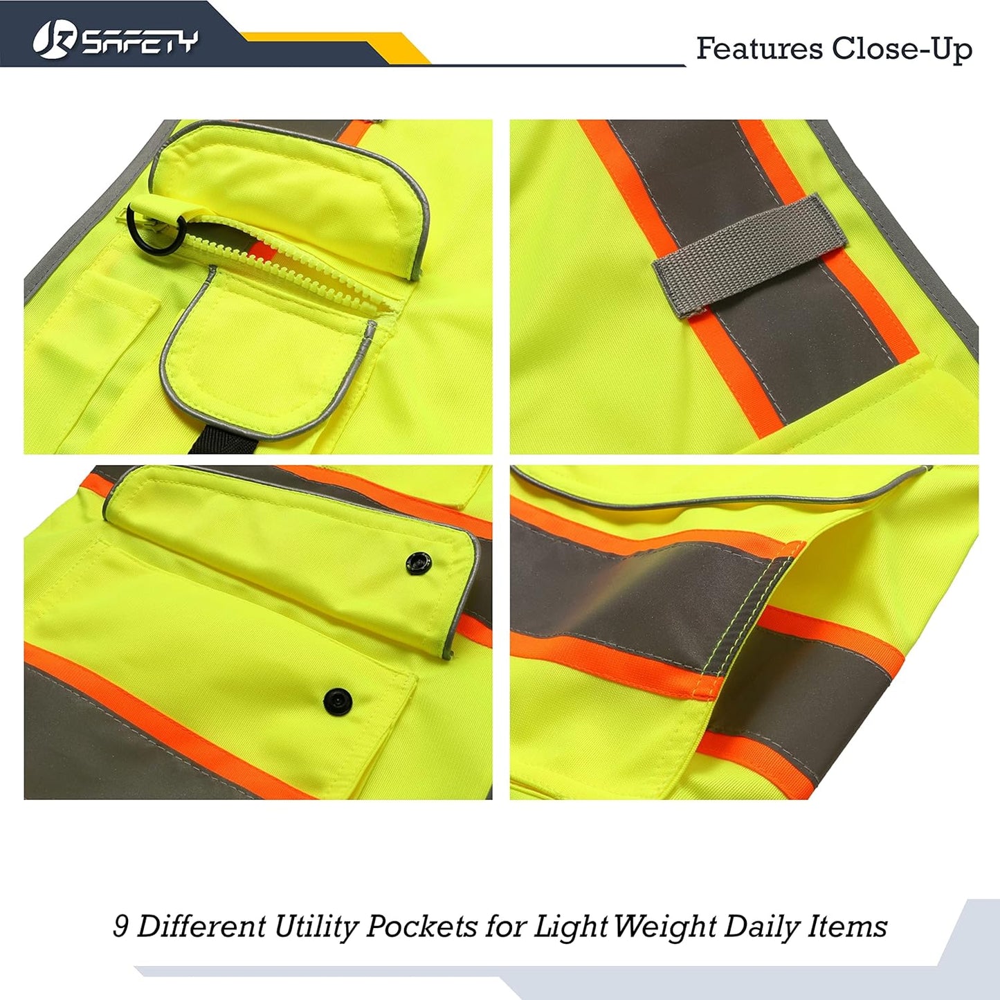 JKSafety 9 Pockets Class 2 High Visibility Zipper Front Safety Vest With Reflective Strips,Meets ANSI/ISEA Standard (Large, 150-Yellow) - Colors B