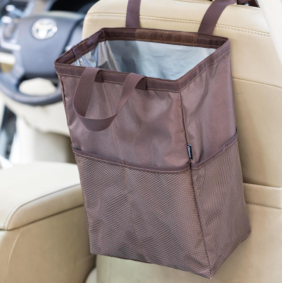 Ginsco New Leak-Proof Travel Car Trash Bag, 3.5 Gallons Large Capacity Hanging Car Trash Can with Hook and Loop Lid and Handle, Multipurpose Trash Bin with Storage Pockets for SUV RV Camping (Black)