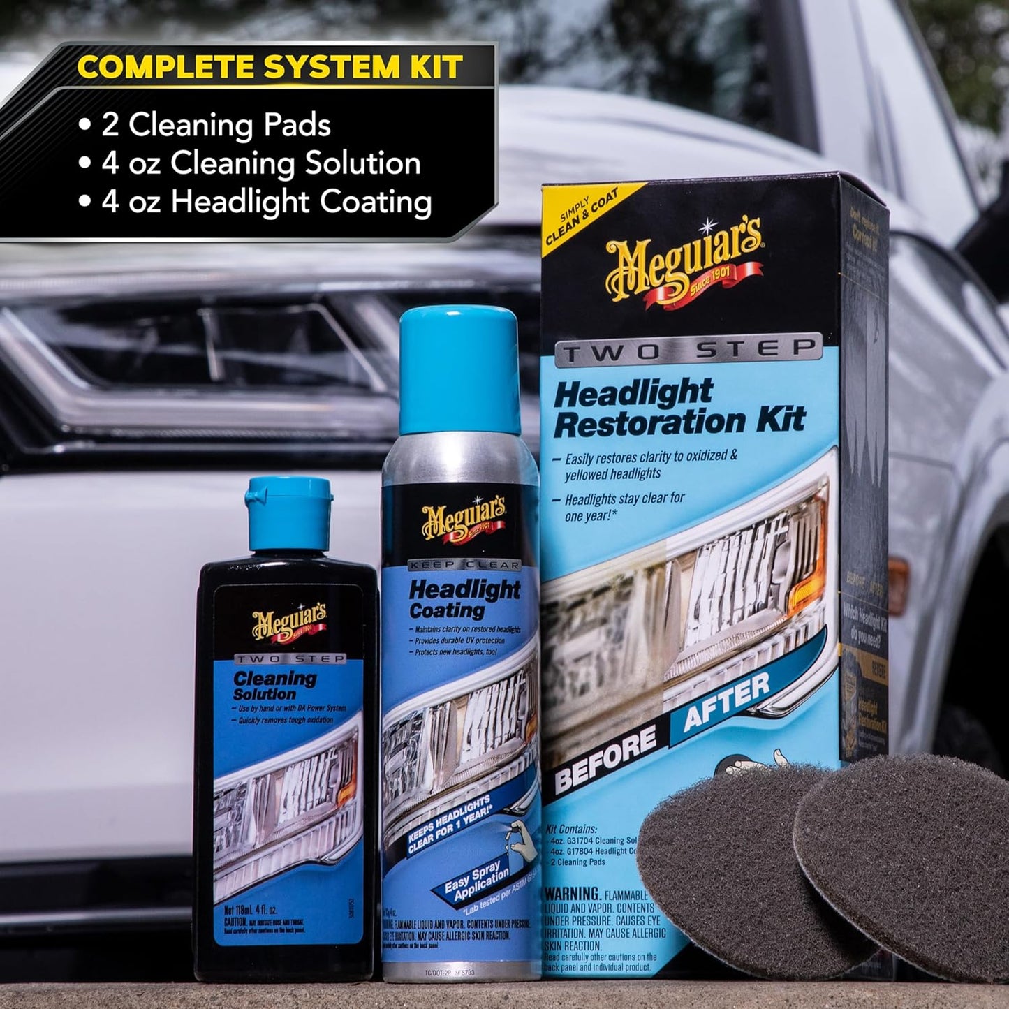 Meguiar's Two Step Car Headlight Restoration Kit, Headlight Cleaner Restores Clear Car Plastic and Protects from Re-Oxidation, Includes Coating and Cleaning Solution - 4 Count (1 Pack)